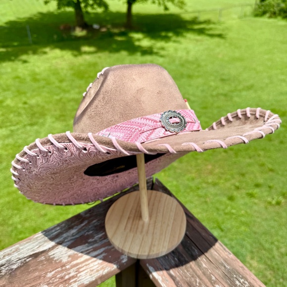 Burned Taupe Cowboy Hat with Pink Tooled Leather - Picture 2 of 5